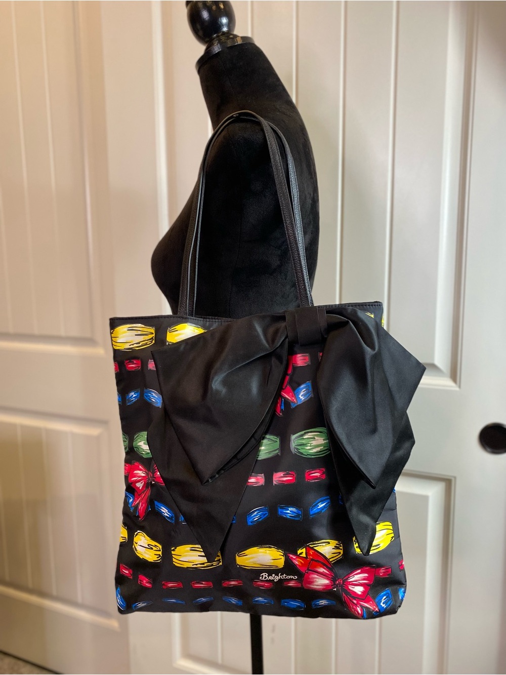 Like New!  Satin Brighton Black Tote with Large Bow and Colorful Macaron Motif